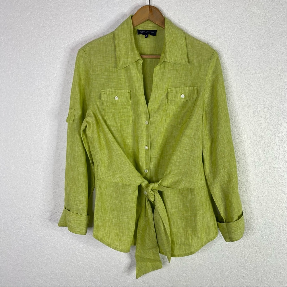 Vintage Jones New York Green Linen Madras Tie Front Blouse